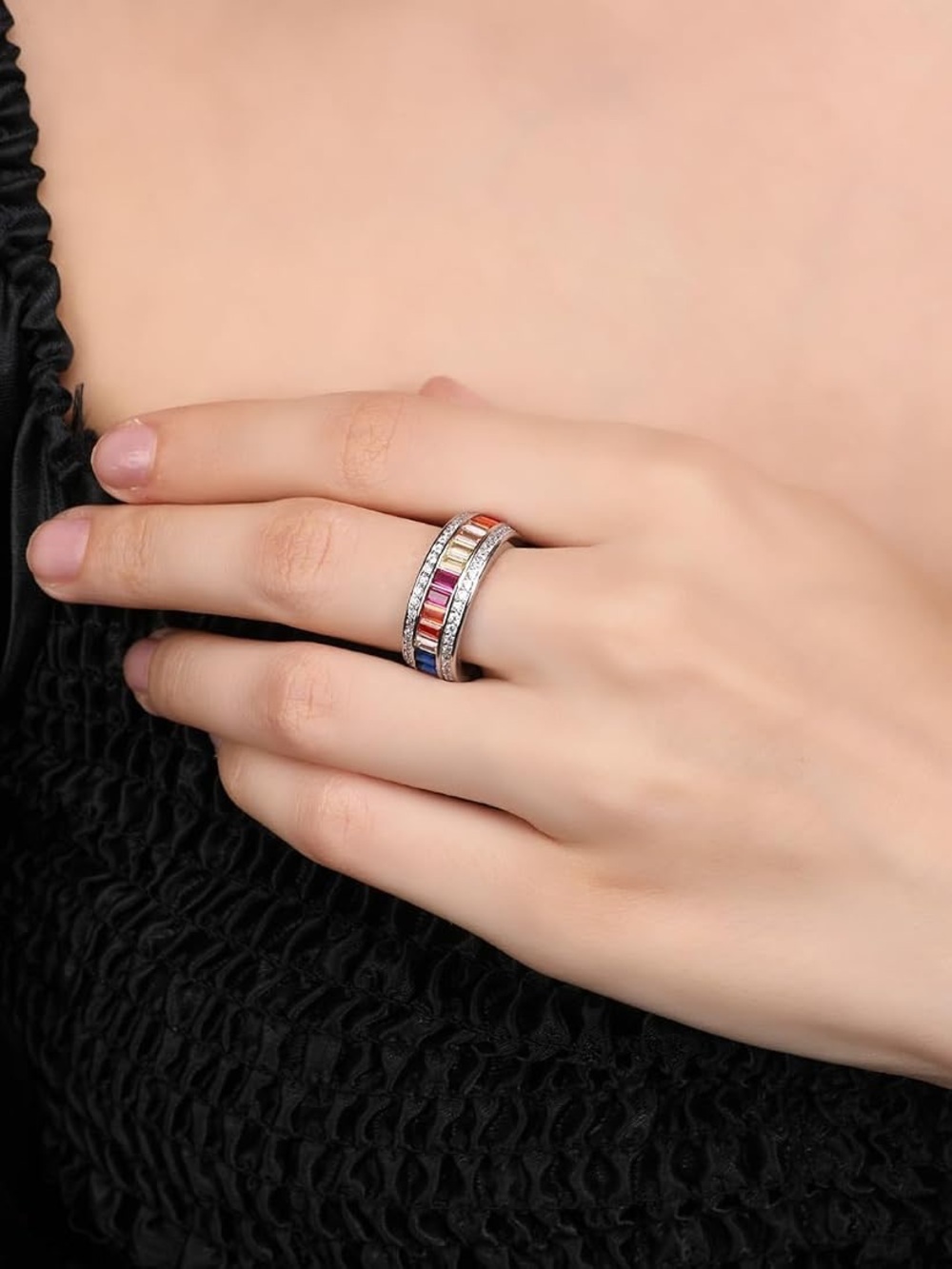 Women's Rainbow Gemstone Eternity Band Ring 925 Silver sz 9 - Picture 4 of 11